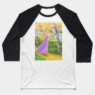 Autumn girl with doves among the birch trees Baseball T-Shirt